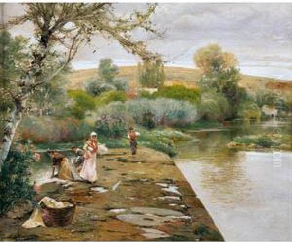 Lavanderas (washerwomen) Oil Painting by Manuel Garcia y Rodriguez