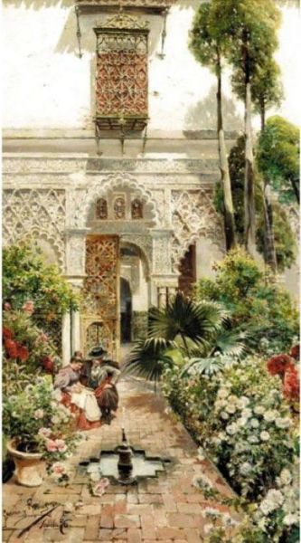 A Garden In Seville Oil Painting by Manuel Garcia y Rodriguez