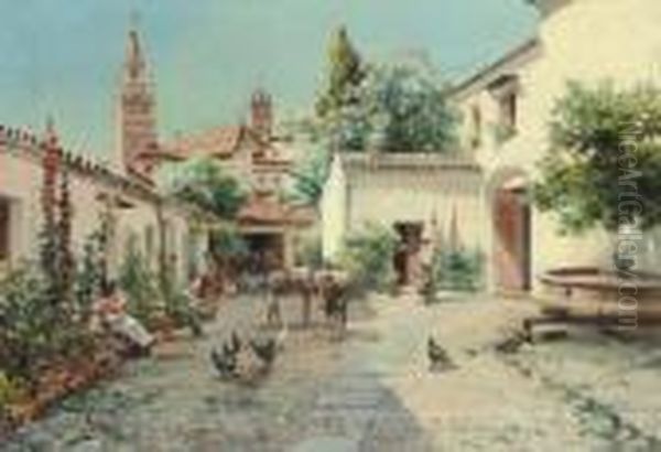 A Spanish Courtyard Oil Painting by Manuel Garcia y Rodriguez