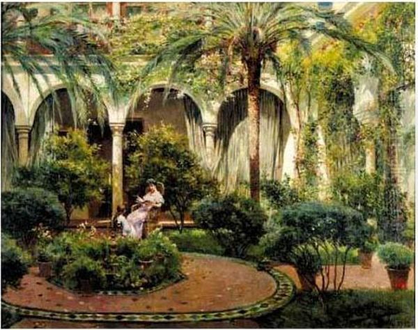 Un Patio Sevillano (a Sevillian Courtyard) Oil Painting by Manuel Garcia y Rodriguez