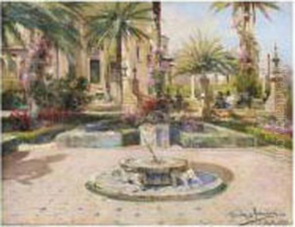 El&nbsp;reloj De Sol (courtyard With A Sundial) Oil Painting by Manuel Garcia y Rodriguez