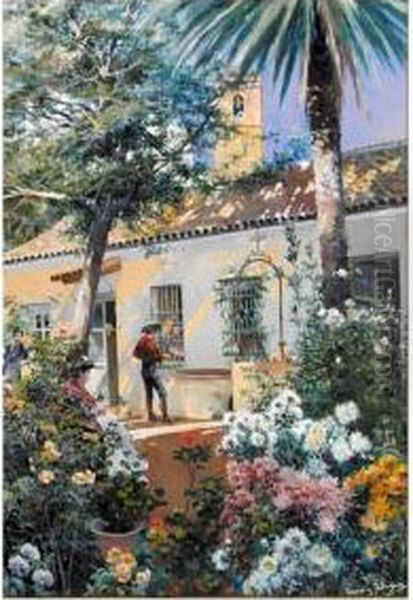 Un Jardin En Primavera (a Garden In Spring) Oil Painting by Manuel Garcia y Rodriguez