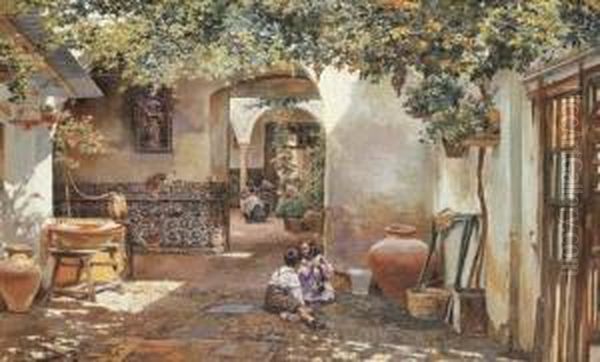 Patio Con Ninos Oil Painting by Manuel Garcia y Rodriguez