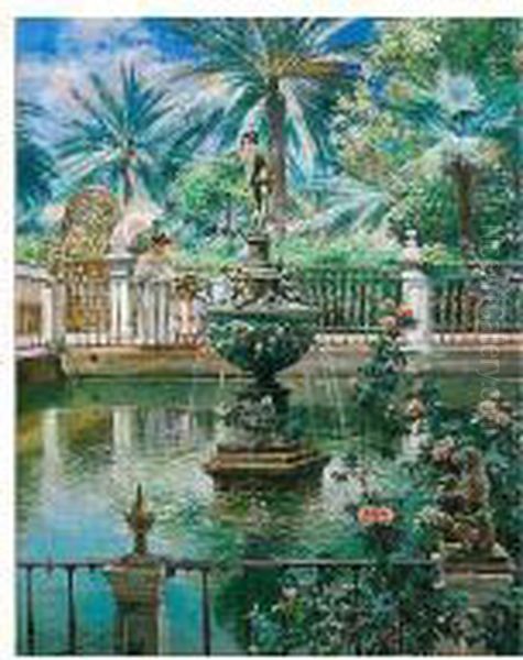 Jardines De Sevilla (gardens In Seville) Oil Painting by Manuel Garcia y Rodriguez