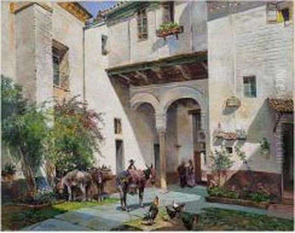 Un Patio Sevillano (a Sevillian Courtyard) Oil Painting by Manuel Garcia y Rodriguez