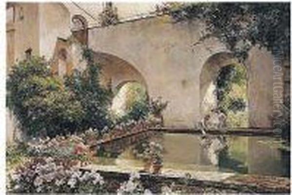 Patio Andaluz (andalusian Courtyard) Oil Painting by Manuel Garcia y Rodriguez