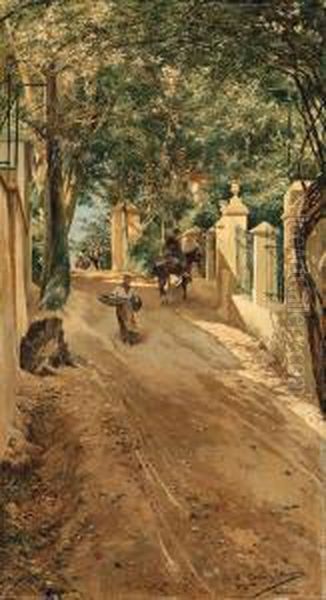 A Shaded Village Road Oil Painting by Manuel Garcia y Rodriguez