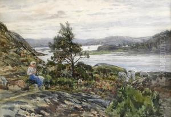 Skargardsutsikt Med Flicka Och Far Oil Painting by Anna Gardell-Ericson