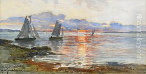 Segelbatar Pa Braviken - Solnedgang Oil Painting by Anna Gardell-Ericson