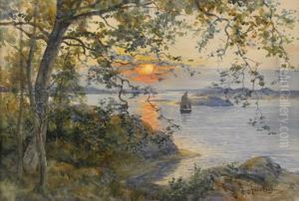 Kustlandskap Med Segelbat I Solnedgang Oil Painting by Anna Gardell-Ericson