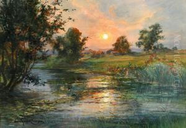 Soluppgang Over Landskap Med Vatten Oil Painting by Anna Gardell-Ericson