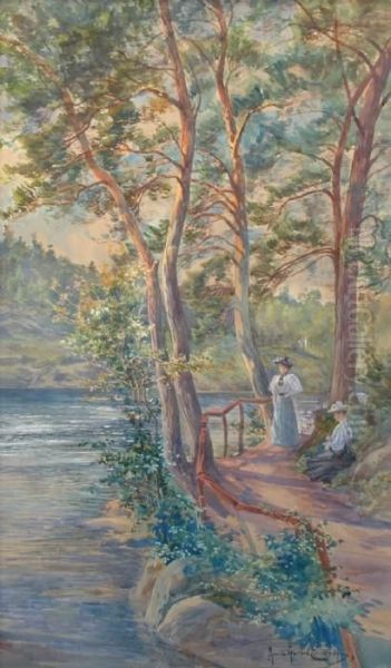 Vid Vattnet, Tva Kvinor Pa Stig Oil Painting by Anna Gardell-Ericson