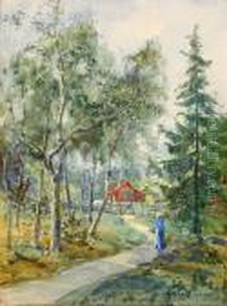 Pa Hemvag - Landskap Med Stuga I Skogsbryn Oil Painting by Anna Gardell-Ericson