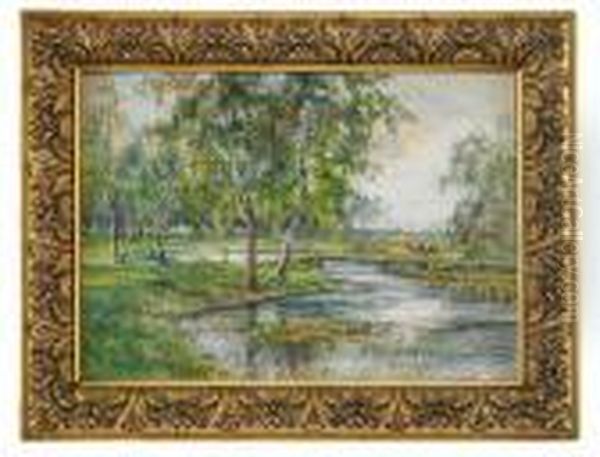 Hogsommaridyll - Boskap Vid Vattendrag Oil Painting by Anna Gardell-Ericson