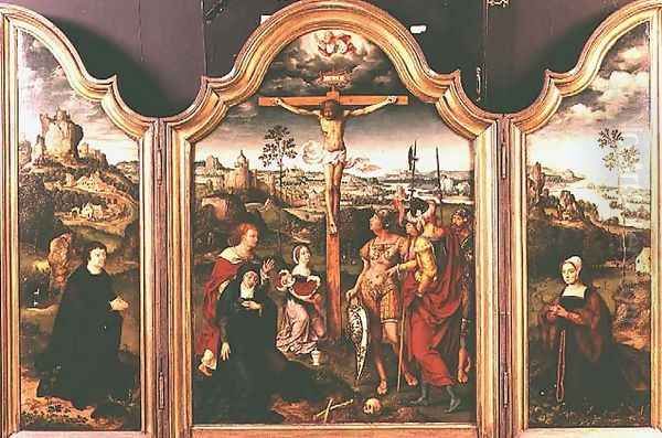 Triptych: Crucifixion flanked by kneeling Donors Oil Painting by Joos Van Cleve