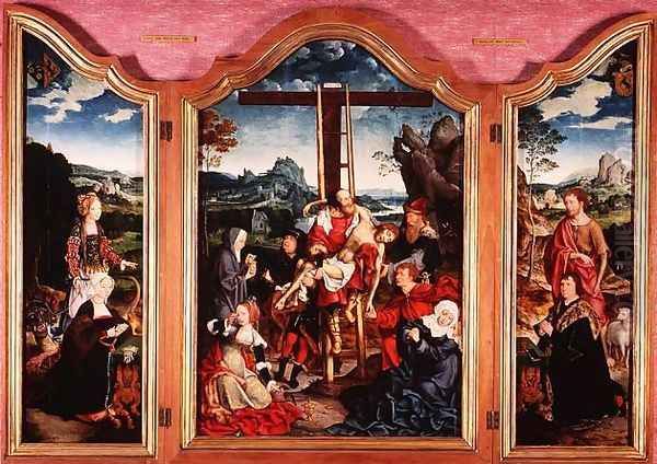 Triptych: Deposition from the Cross; St. John the Baptist; St. Margaret of Antioch, c.1528 Oil Painting by Joos Van Cleve