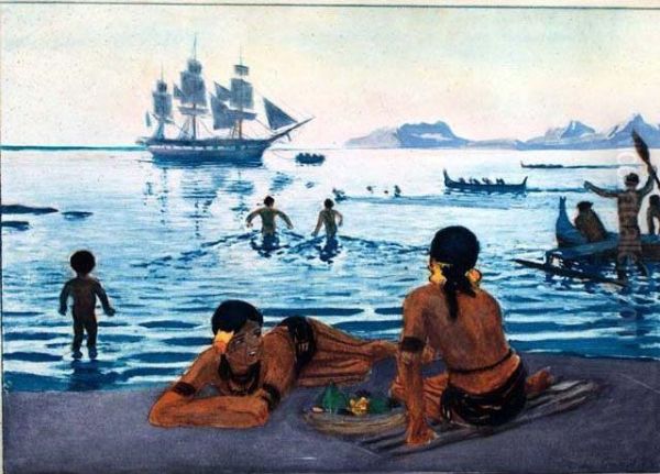 Tahiti, L'arrivee Du Trois Mats Francais. Oil Painting by Du Raoul Gardier