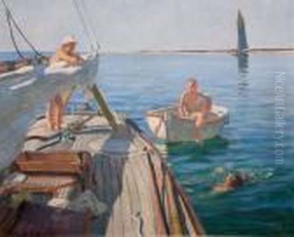 Baignade Depuis Le Pont Du Bateau Oil Painting by Du Raoul Gardier