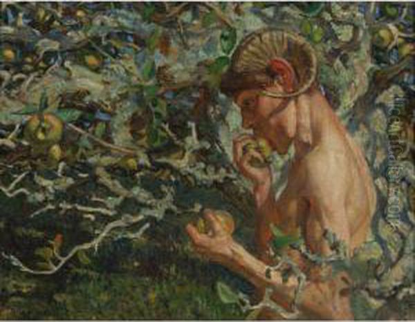 Pan In The Apple Orchard Oil Painting by Du Raoul Gardier