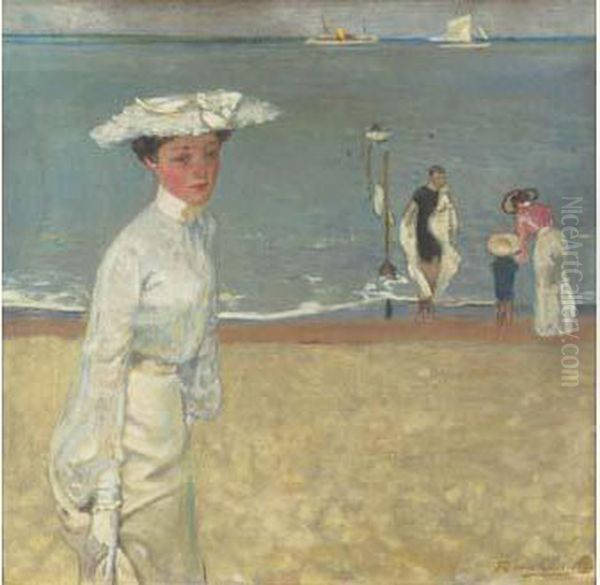 Elegante Sur La Plage, Circa 1903. Oil Painting by Du Raoul Gardier