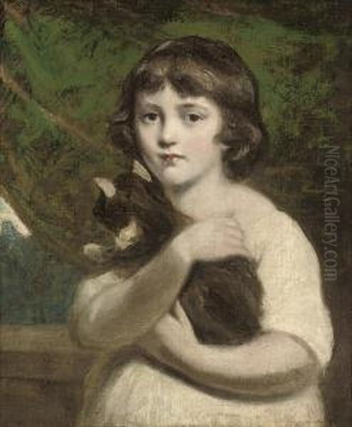 Portrait Of A Young Girl, Half-length, With A Cat, In Alandscape Oil Painting by Daniel Gardner