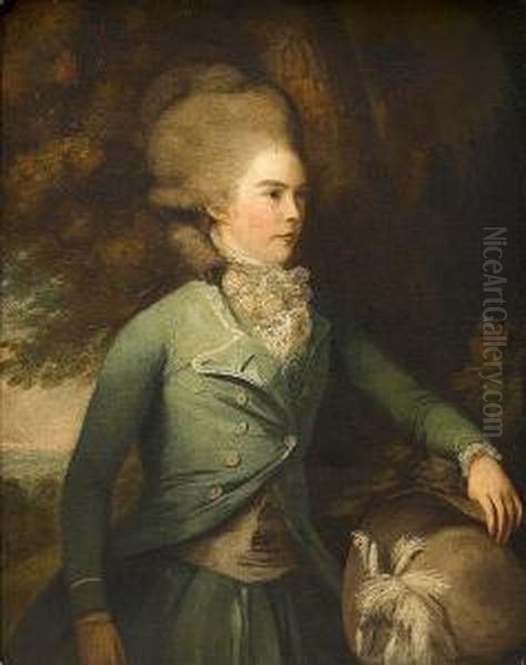 Portrait Of A Lady, Said To Be 
The Duchess Of Bedford, Standing Three-quarter-length, In A Green Coat 
And Skirt With A White Lace Chemise, Holding A Hat Oil Painting by Daniel Gardner