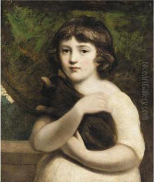 Portrait Of A Young Girl Half 
Length, Standing, Wearing A White Dress And Holding A Cat In Her Arms Oil Painting by Daniel Gardner