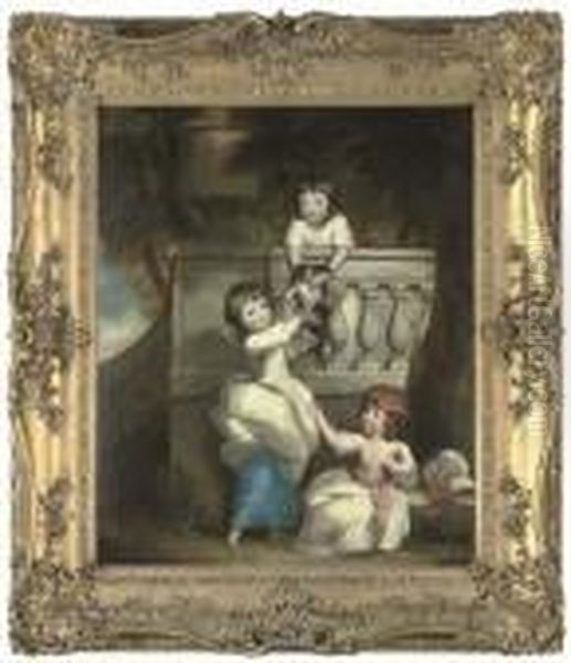 Group Portrait Of Three Children Playing At A Balcony In A Garden,with A Spaniel Oil Painting by Daniel Gardner