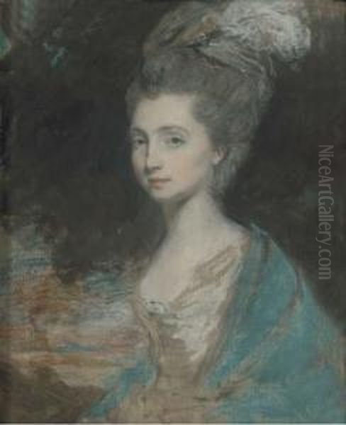 Portrait Of A Lady, Half-length,
 In White Dress And Blue Shawl, With Feathers In Her Upswept Hair Oil Painting by Daniel Gardner