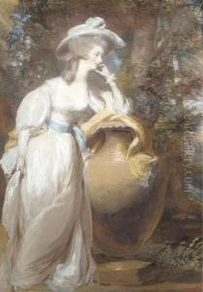 Portrait Of Philadelphia De 
Lancy, In A White Dress And Sash, Leaning On An Urn, In A Wooded 
Landscape Oil Painting by Daniel Gardner