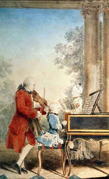 Leopold Mozart (1719-87) and his two children, Wolfgang Amadeus (1756-91) and Maria-Anna, known as 'Nannerl' (1751-1829) Oil Painting by Louis Carrogis Carmontelle