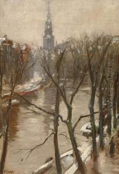 View Of The Singel Canal In Amsterdam In Winter Oil Painting by Salomon Garf