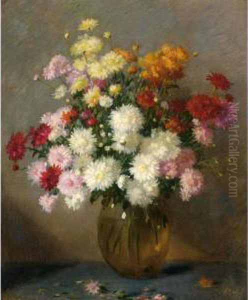 A Flower Still Life With Chrysanthemum In A Glass Bowl Oil Painting by Salomon Garf