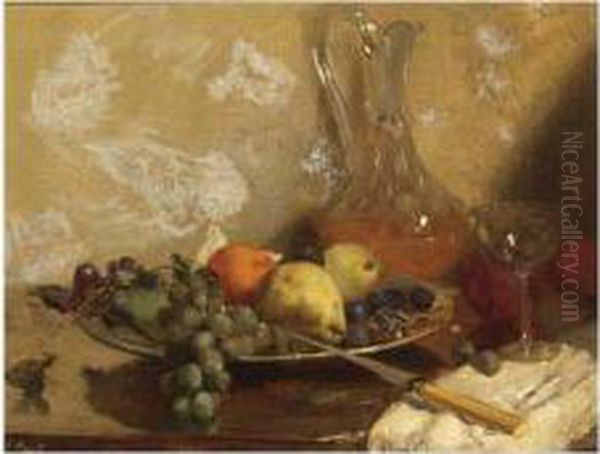 Still Life With Grapes,oranges And A Knife, All On A Wooden Table Oil Painting by Salomon Garf