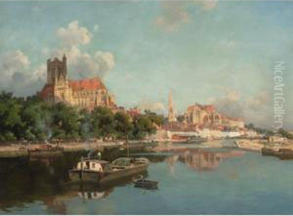 Vue De La Cathedrale D'auxerre Oil Painting by Joseph Garibaldi