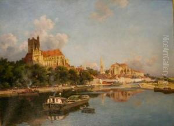 Port With View Of The Cathedral Of Auxerre Oil Painting by Joseph Garibaldi