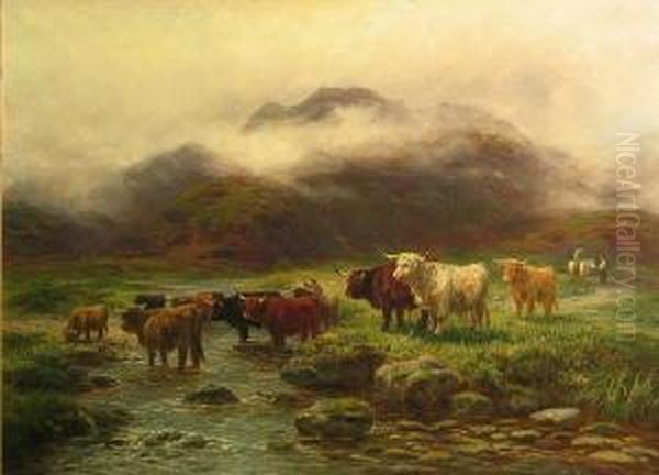 Highland Cattle At A Stream Oil Painting by Henry Garland