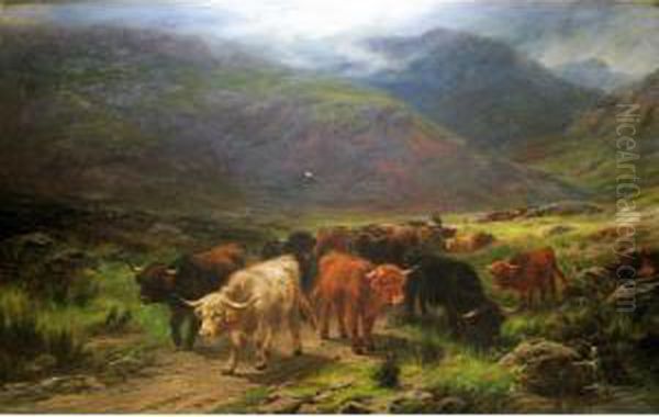 A Highland Drove In A Glen Oil Painting by Henry Garland