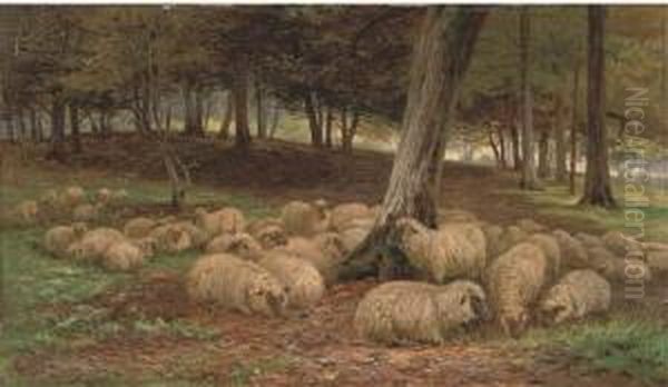 A Flock Of Sheep In A Woodland Oil Painting by Henry Garland