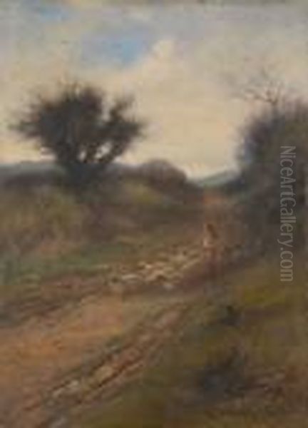 Farmer Herding Sheep Along A Country Lane Oil Painting by Valentine Thomas Garland