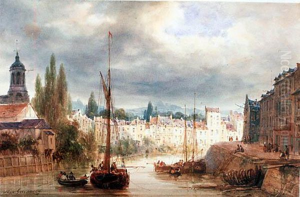 Bateaux Sur Un Canal Traversant Une Ville Oil Painting by Hippolyte Garneray