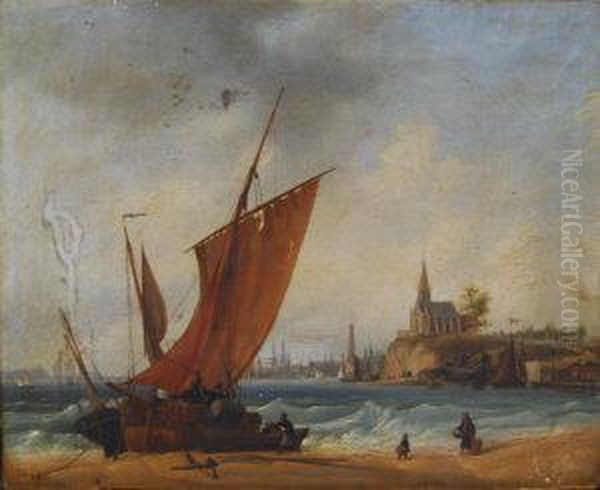 Beached Fishing Vessels With A Church And A Harbour On The Distance Oil Painting by Ambroise-Louis Garneray