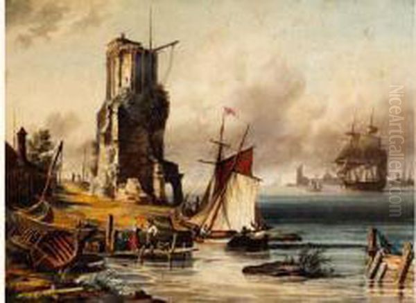 Port De Peche Avec Une Tour En Ruine, Barques Et Voilier Oil Painting by Ambroise-Louis Garneray