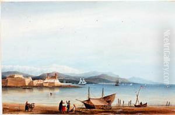 Rivage A Maree Basse, Ville Fortifiee Dans Le Fond Oil Painting by Ambroise-Louis Garneray