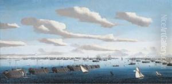 A Panorama Of Portsmouth Harbour
 With Hulks In Line Ahead And The Fleet At Anchor, Including Warships Of
 The American And Spanish Navies Oil Painting by Ambroise-Louis Garneray