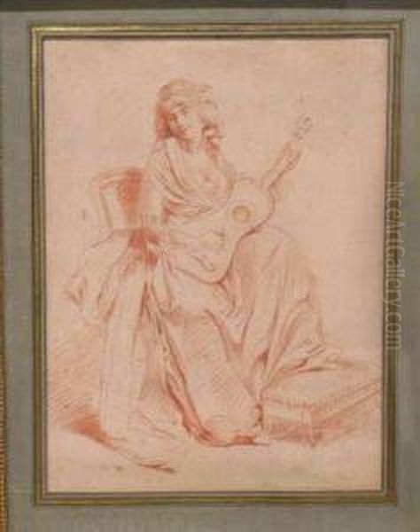 A Young Woman Playing A Guitar Oil Painting by Michel Garnier