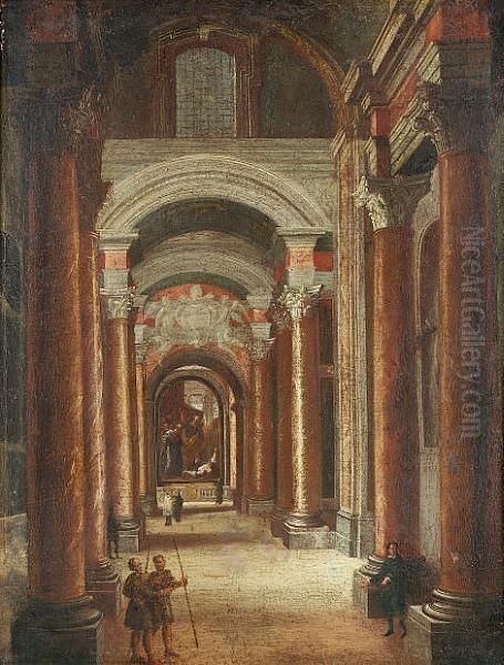 A Church Interior Oil Painting by Pietro Francesco Garola