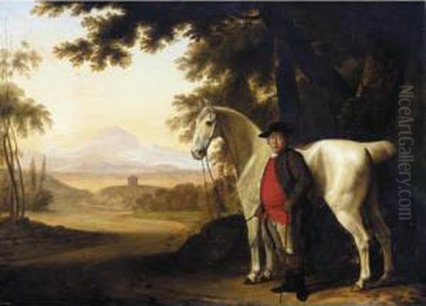 A Grey Horse Held By Its Owner In A Landscape Oil Painting by George Garrard