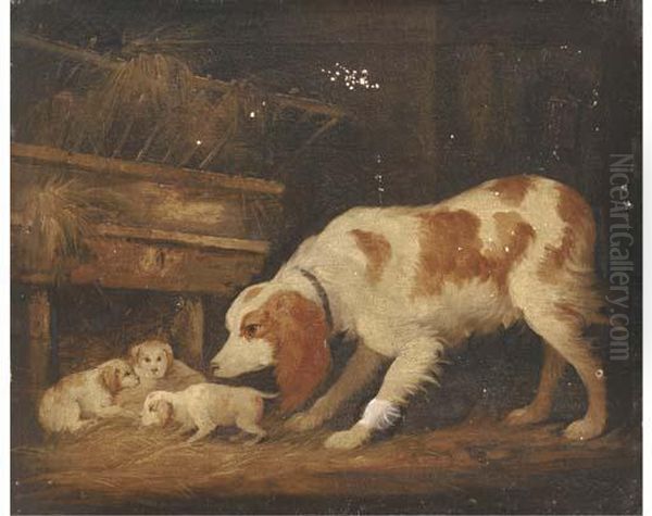 A Spaniel With Her Pups In A Barn Oil Painting by George Garrard