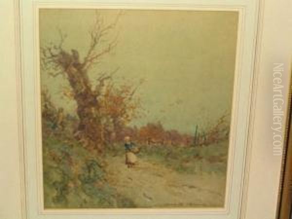 Autumnal Scene With Woman On A Path Oil Painting by Oswald Garside